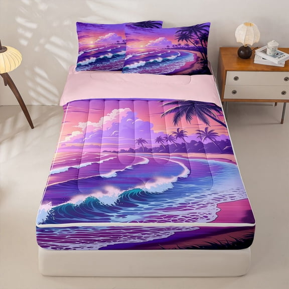 jejeloiu Purple Tropical Sunset Zipper Twin Comforter Sets with Fitted Sheet and 2 Pillowcases For Girls,Palm Tree Print Zipper Bedding Set,Multicolor,Pink Reversible,4 Pieces