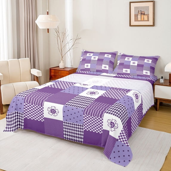 jejeloiu Purple White Buffalo Full Size Sheets,Modern Abstract Geometric Bed Sheets,Waves Stripes Line Sheet Sets For Boys Kids,Luxury Bedroom Decor,4pcs