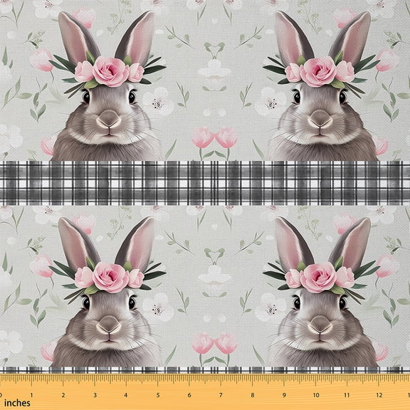 jejeloiu Rabbit Flower Floral Fabric by the Yard 3 Yards,Geometric Plaid Sewing Fabric,Western Farm Fabric for Sewing For Girls Kids,Breathable Home Decor