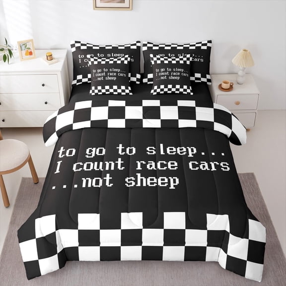 jejeloiu Race Car Bedding Comforter Set 7 Pieces,Geometric Geometric Plaid Full Bedding Set,White Black Fitted Sheet Flat Sheet For Boys Kids,Ultra Soft Home Decor Reversible