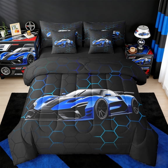 jejeloiu Race Car Bedding Comforter Set 7pcs,Modern Geometric Honeycomb Queen Bedding Sets,Navy Black Queen Sheet Sets For Boys Kids,Lightweight Room Decor Reversible