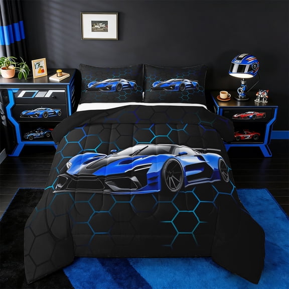 jejeloiu Race Car Queen Comforter Set,Modern Geometric Honeycomb Bedding Sets,Navy Black Bedding Comforter Set For Boys Kids,Lightweight Room Decor Reversible,3-Piece