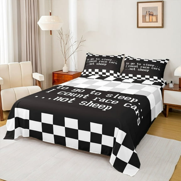 jejeloiu Race Car Twin Sheet Sets,Geometric Geometric Plaid Twin Fitted Sheet,White Black Flat Sheet For Boys Kids,Ultra Soft Home Decor,3pcs