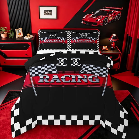 Catabedysis Race Checkered Print Full Size Comforter Sets For Boys,Initial Lettering H Bedding Comforter Set,Black Reversible,3 Pieces,1 Comforter and 2 Pillowcases