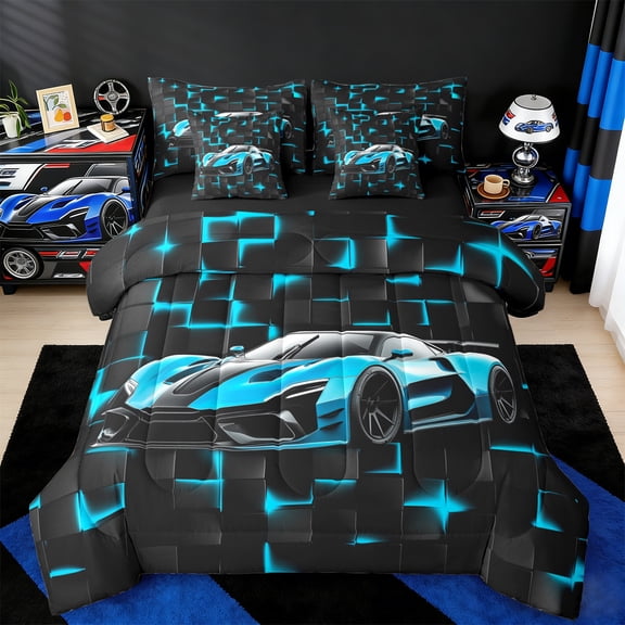 jejeloiu Racing Car Twin Bedding Sets 7-Piece,Extreme Sports Bedding Comforter Set,Blue Geometric Plaid Sheet Sets For Child,Luxury Bedroom Decor Reversible