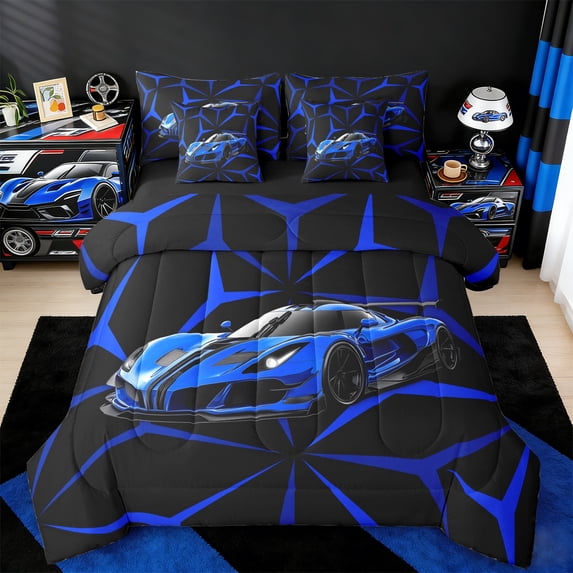 jejeloiu Racing Car Twin Bedding Sets 7-Piece,Extreme Sports Bedding Comforter Set,Navy Geometric Lines Sheet Sets For Child,Luxury Bedroom Decor Reversible