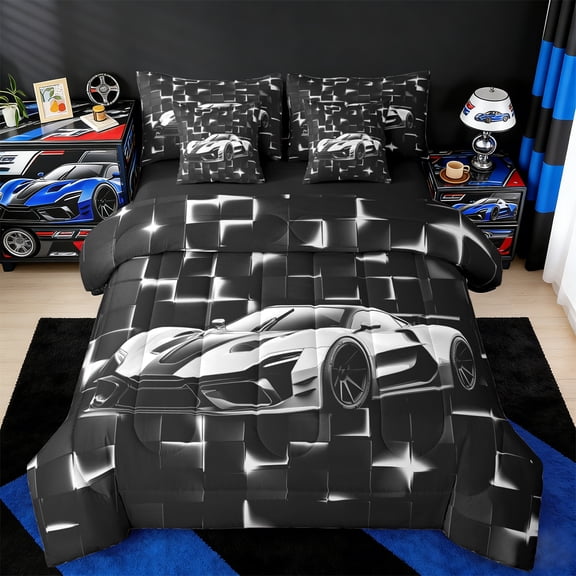 jejeloiu Racing Car Twin Bedding Sets 7-Piece,Extreme Sports Bedding Comforter Set,Silver Geometric Plaid Sheet Sets For Child,Luxury Bedroom Decor Reversible