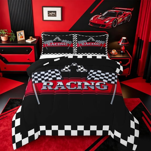 Catabedysis Racing Flag ABC Print A Full Size Comforter Sets For Boys,Personalized Monogrammed Gifts Bedding Comforter Set,Black Reversible,3-Piece,1 Comforter and 2 Pillowcases