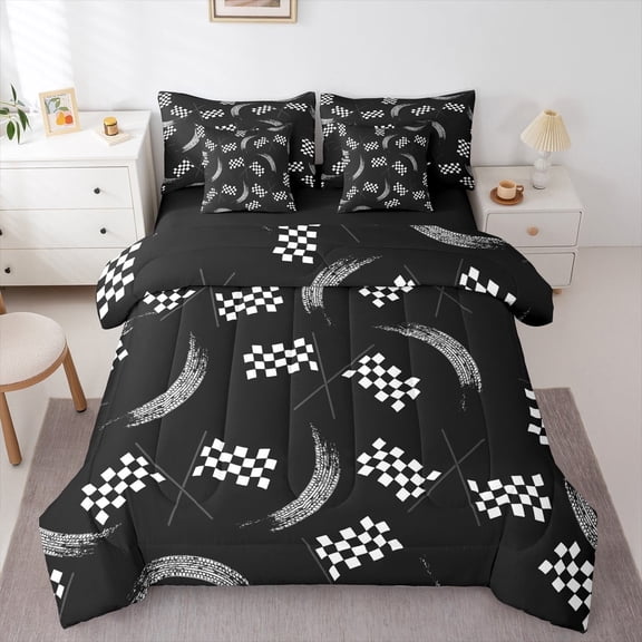 jejeloiu Racing Flag Bedding Comforter Set 7pcs,Black Geometric Grid Queen Bedding Sets,Race Car Queen Sheet Sets For Teens,Breathable Home Decor Reversible