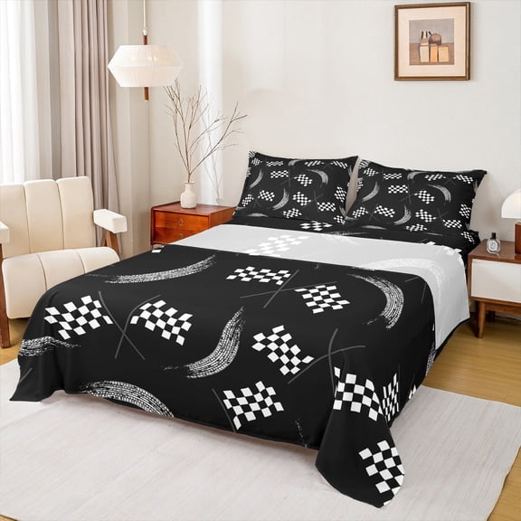 jejeloiu Racing Flag Full Size Sheets,Black Geometric Grid Bed Sheets,Race Car Sheet Sets For Teens,Breathable Home Decor,4-Piece