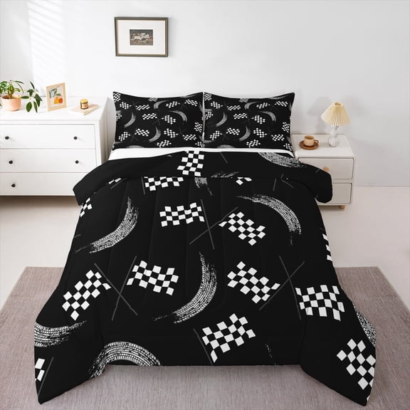 jejeloiu Racing Flag Queen Comforter Set,Black Geometric Grid Bedding Sets,Race Car Bedding Comforter Set For Teens,Breathable Home Decor Reversible,3 Pieces