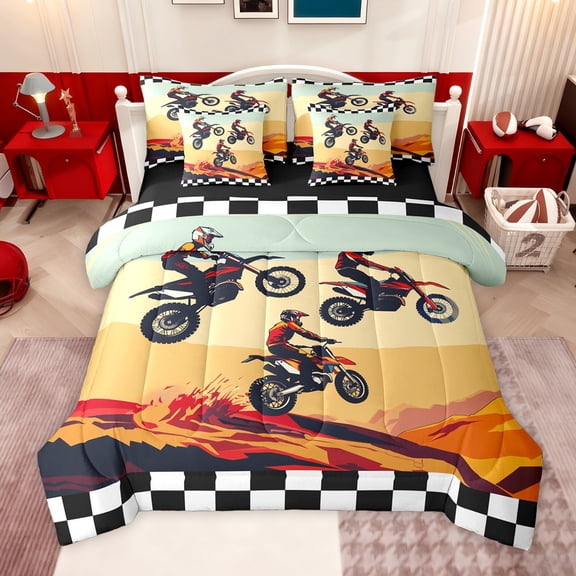 jejeloiu Racing Motocross 7 Pieces Bedding Comforter Set,Orange White Black Full Bedding Set For Boys Men Reversible