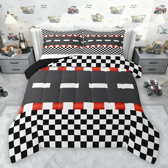 jejeloiu Racing Track Bedding Comforter Set,Speed Sport Game Twin Comforter Sets,Black White Plaid Bedding Set For Teens,Luxury Bedroom Decor Reversible,2pcs