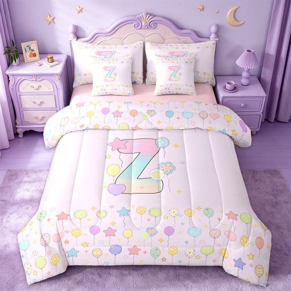 jejeloiu Rainbow Balloon Initial Z 7-Piece Twin Bedding Sets For Girls,Pastel Ombre Monogram Art Bedding Comforter Set For Kids,Pink Reversible