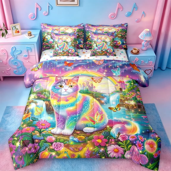 jejeloiu Rainbow Cat Kitten Bedding Comforter Set,7pcs,Multicolor Flower Floral Queen Bedding Sets,Colorful Princess Castle Queen Sheet Sets For Children,Breathable Bedroom Decor Reversible