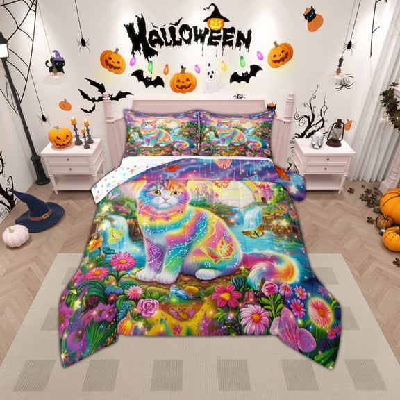 jejeloiu Rainbow Cat Kitten Bedding Comforter Set,Multicolor Flower Floral Twin Comforter Sets,Colorful Princess Castle Bedding Set For Children,Breathable Bedroom Decor Reversible,3 Pieces