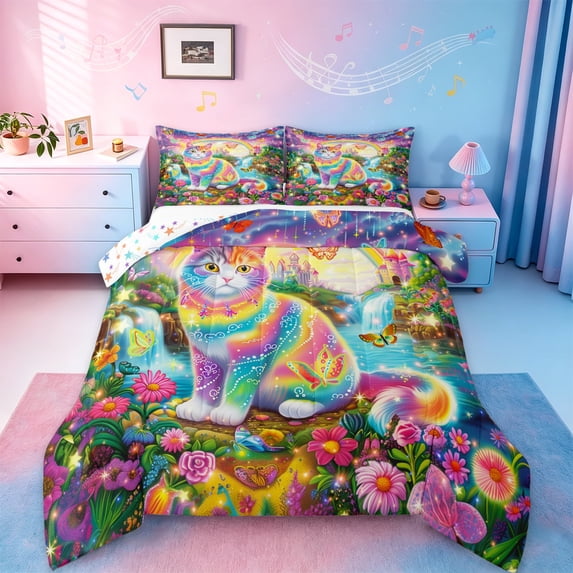 jejeloiu Rainbow Cat Kitten Full Size Comforter Sets,Multicolor Flower Floral Bedding Comforter Set,Colorful Princess Castle Bedding Sets For Children,Breathable Bedroom Decor Reversible,3pcs