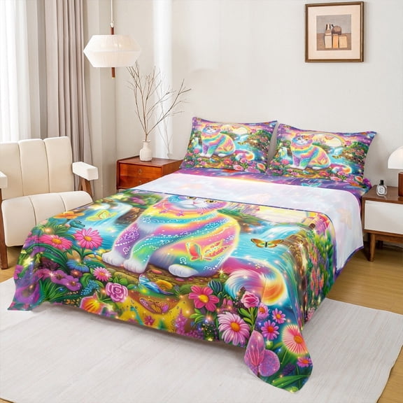 jejeloiu Rainbow Cat Kitten Queen Sheet Sets,Multicolor Flower Floral Flat Sheet,Colorful Princess Castle Queen Fitted Sheet For Children,Breathable Bedroom Decor,4-Piece