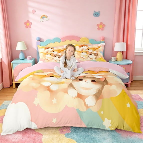 jejeloiu Rainbow Cloud Cat Queen Duvet Cover Set Kids,Dreamy Kitten Print Bedding,Reversible,3-Piece(No Comforter)