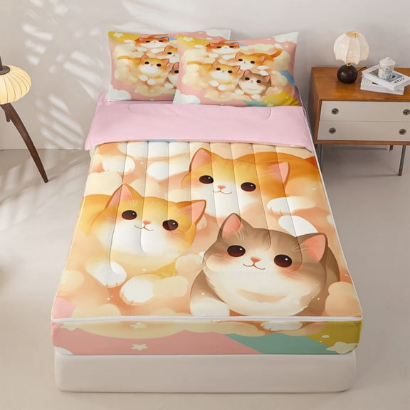 jejeloiu Rainbow Cloud Cat Zipper Twin Comforter Sets with Fitted Sheet and 2 Pillowcases Kids,Dreamy Kitten Print Zipper Bedding Set,Reversible,4-Piece