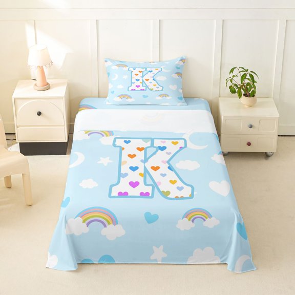 jejeloiu Rainbow Cloud Monogram K Twin Sheet Sets For Kids,Colorful Loves Stars Initial Bedding For Girls,3pcs