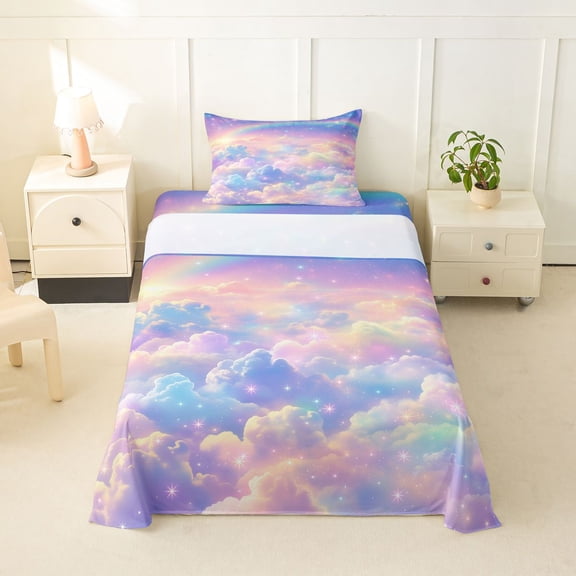 jejeloiu Rainbow Cloud Star Twin Sheet Sets Kids,Dreamy Magical Galaxy Sky Bedding For Girls,3pcs