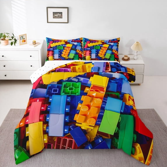 jejeloiu Rainbow Construction Brick Queen Comforter Set,Funny Patchwork Geometric Bedding Sets,Blue Yellow Toy Bedding Comforter Set For Boys Kids,Microfiber Bedroom Decor Reversible,3pcs