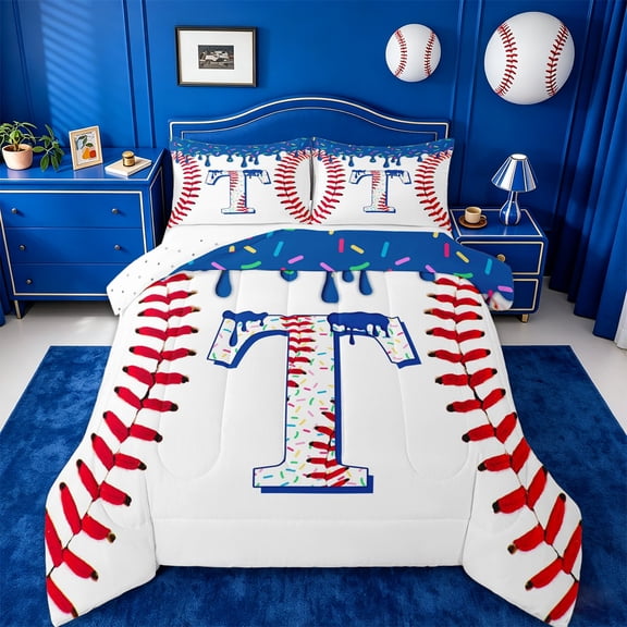 jejeloiu Rainbow Cream Initial Alphabet T Full Size Comforter Sets For Kids,Baseball Monogrammed Letter Aesthetic Bedding Sets,Reversible,3pcs