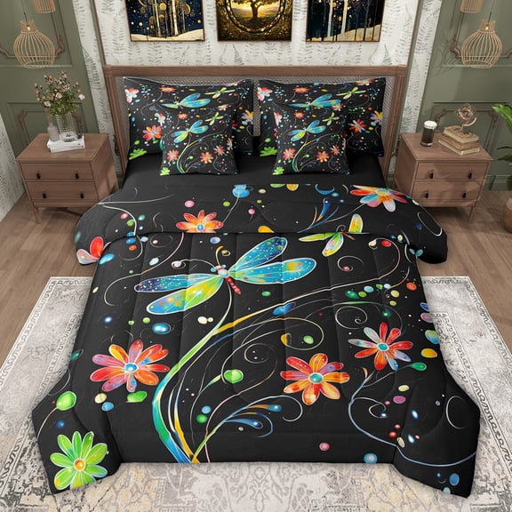 jejeloiu Rainbow Cute Flower 7 Pieces Bedding Comforter Set,Kawaii Dragonfly Full Bedding Set For Girls Teens Reversible