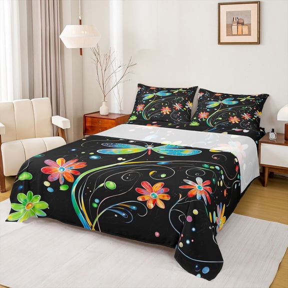 jejeloiu Rainbow Cute Flower Twin Sheet Sets,Kawaii Dragonfly Bedding For Girls Teens 3 Pieces