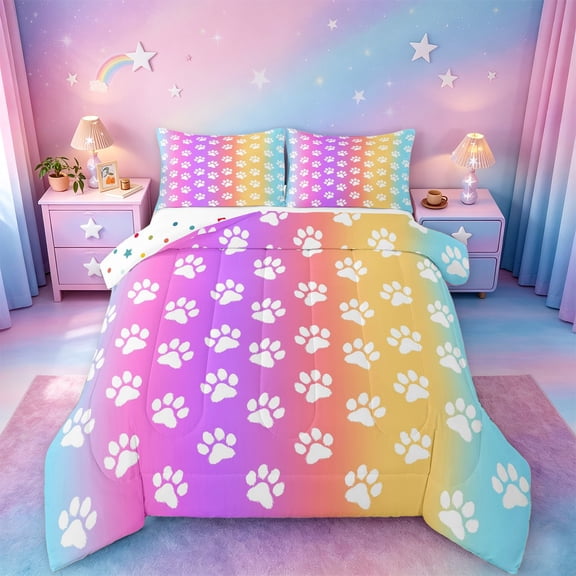 jejeloiu Rainbow Cute Paw Print Full Size Comforter Sets Kids,Cute Animal Pattern Bedding Sets,Reversible,3-Piece
