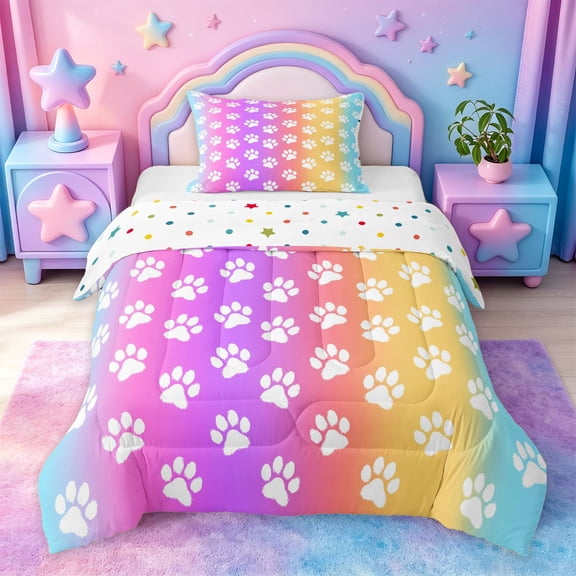 jejeloiu Rainbow Cute Paw Print Twin Comforter Sets Kids,Cute Animal Pattern Bedding Set,Reversible,2pcs