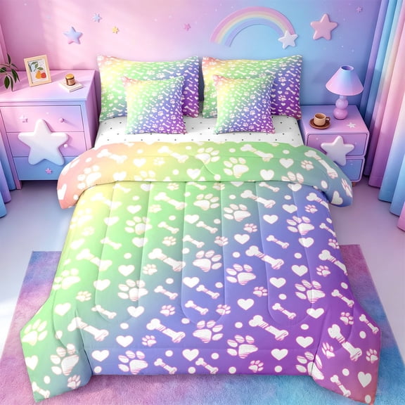 jejeloiu Rainbow Dog Paw Pattern 7-Piece Twin Bedding Sets Kids,Cute Pet Print Bedding Comforter Set,Reversible