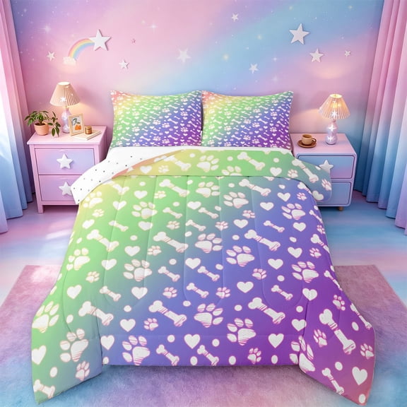 jejeloiu Rainbow Dog Paw Pattern Full Size Comforter Sets Kids,Cute Pet Print Bedding Sets,Reversible,3 Pieces