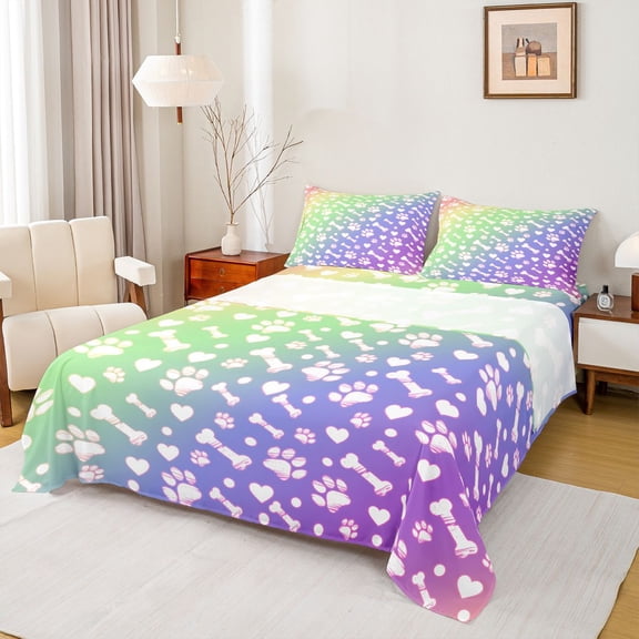 jejeloiu Rainbow Dog Paw Pattern Full Size Sheets Kids,Cute Pet Print Bed Sheets,4 Pieces