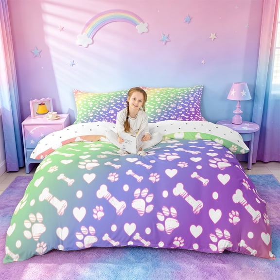 jejeloiu Rainbow Dog Paw Pattern Queen Duvet Cover Set Kids,Cute Pet Print Bedding,Reversible,3pcs(No Comforter)