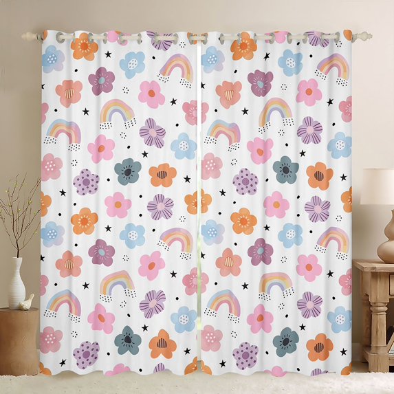 jejeloiu Rainbow Flowers Print Curtains Pack of 2 (42x84 Each),Colorful Cute Floral Curtains Blackout For Girl