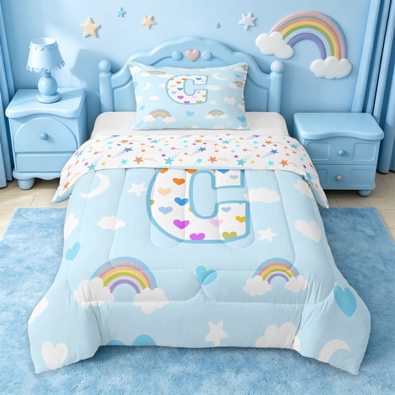 jejeloiu Rainbow Heart Monogrammed C Twin Comforter Sets For Kids,Cloud Stars Letter Design Bedding Set For Girls,Colorful Stars Reversible,2-Piece