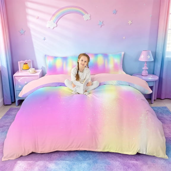 jejeloiu Rainbow Holographic Duvet Cover Set Kids,Watercolor Abstract Pattern Bedding Full For Girls,Reversible,3pcs(No Comforter)