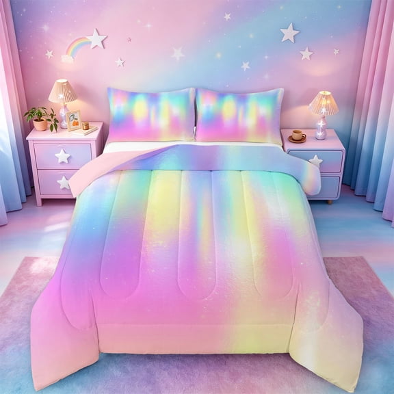 jejeloiu Rainbow Holographic Full Size Comforter Sets Kids,Watercolor Abstract Pattern Bedding Sets For Girls,Reversible,3pcs