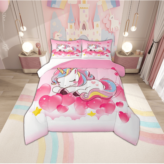 jejeloiu Rainbow Kawaii Unicorn Bedding Comforter Set,Magic Animal Twin Comforter Sets,Pink Heart Print Bedding Set For Children,Breathable Home Decor,2 Pieces