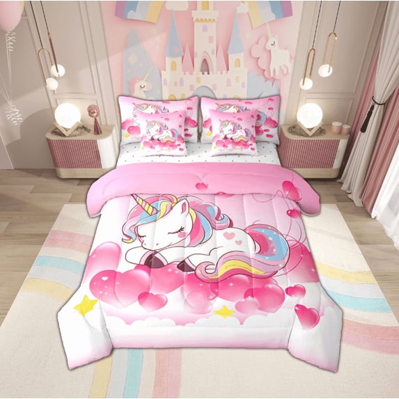 jejeloiu Rainbow Kawaii Unicorn Twin Bedding Sets 7-Piece,Magic Animal Bedding Comforter Set,Pink Heart Print Sheet Sets For Children,Breathable Home Decor