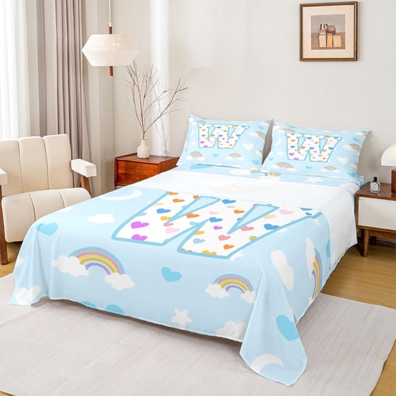 jejeloiu Rainbow Love Monogrammed W Bed Sheets For Kids,Colorful Heart Letter Design King Sheets For Girls,4 Pieces