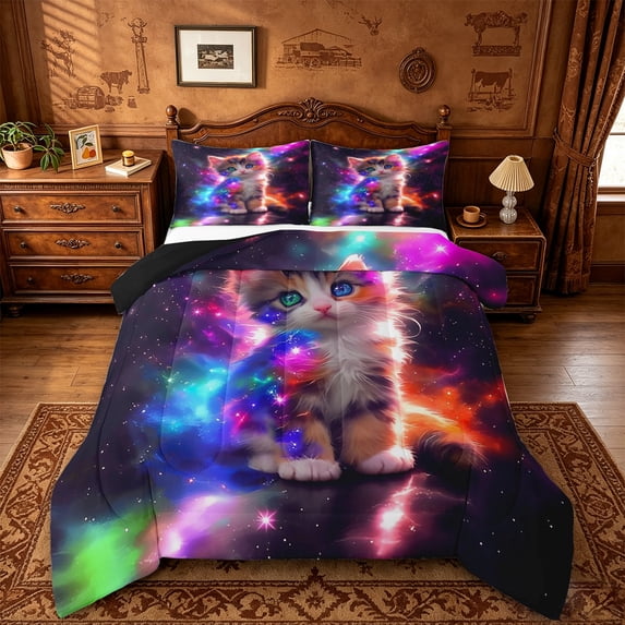 jejeloiu Rainbow Lovely Kitten Full Size Comforter Sets Kids,Kawaii Cat Bedding Sets For Girls,Reversible,3pcs