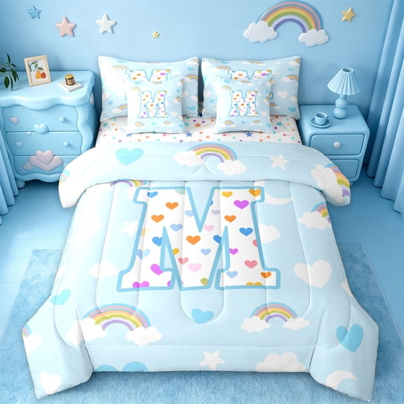 jejeloiu Rainbow Loves Monogrammed M 7-Piece Twin Bedding Sets For Kids,Cloud Stars Letter Design Bedding Comforter Set For Girls,Colorful Stars Reversible