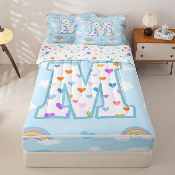 jejeloiu Rainbow Loves Monogrammed M Zipper Twin Comforter Sets with Fitted Sheet and 2 Pillowcases For Kids,Cloud Stars Letter Design Zipper Bedding Set For Girls,Colorful Stars Reversible,4-Piece