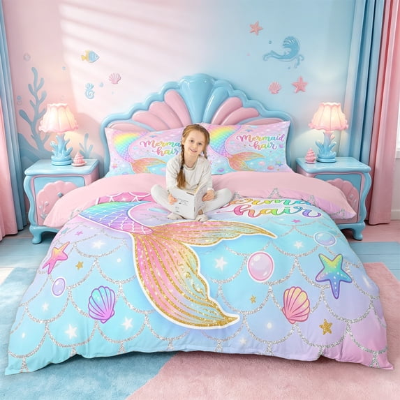 jejeloiu Rainbow Mermaid Tail Bedding For Girls,Sparkling Print Shell Starfish Duvet Cover Full,Pink Blue,Pink Reversible,3 Pieces,1 Duvet Cover and 2 Pillowcases
