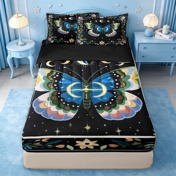 jejeloiu Rainbow Moth Zipper Twin Comforter Sets with Fitted Sheet and 2 Pillowcases For Girls,Boho Botanical Print Zipper Bedding Set,Black Multi Color,Black Reversible,4-Piece