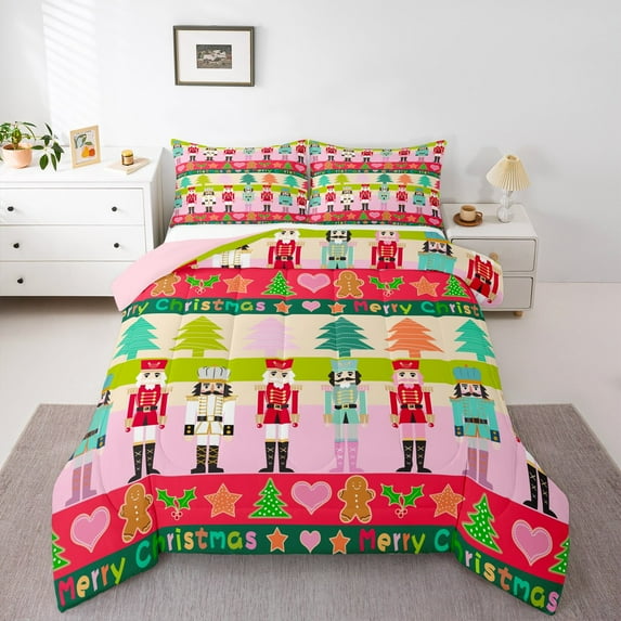 jejeloiu Rainbow Nutcracker Soldier Full Size Comforter Sets,Colorful Xmas Tree Bedding Comforter Set,Merry Christmas Bedding Sets For Girls,,Microfiber Bedroom Decor Reversible,3pcs