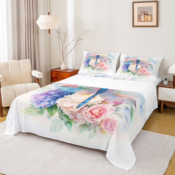 jejeloiu Rainbow Plant Flowers Twin Sheet Sets,Kawaii Cute Dragonfly Bedding For Men Women 3-Piece
